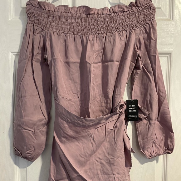 Express Lilac Quarter Sleeve, Off the Shoulder Wrap Dress - Picture 3 of 7